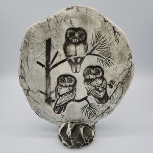 Stan Langtwait Shapes of Clay Mt St Helens Owls Plaque & Stand Cabincore Nature